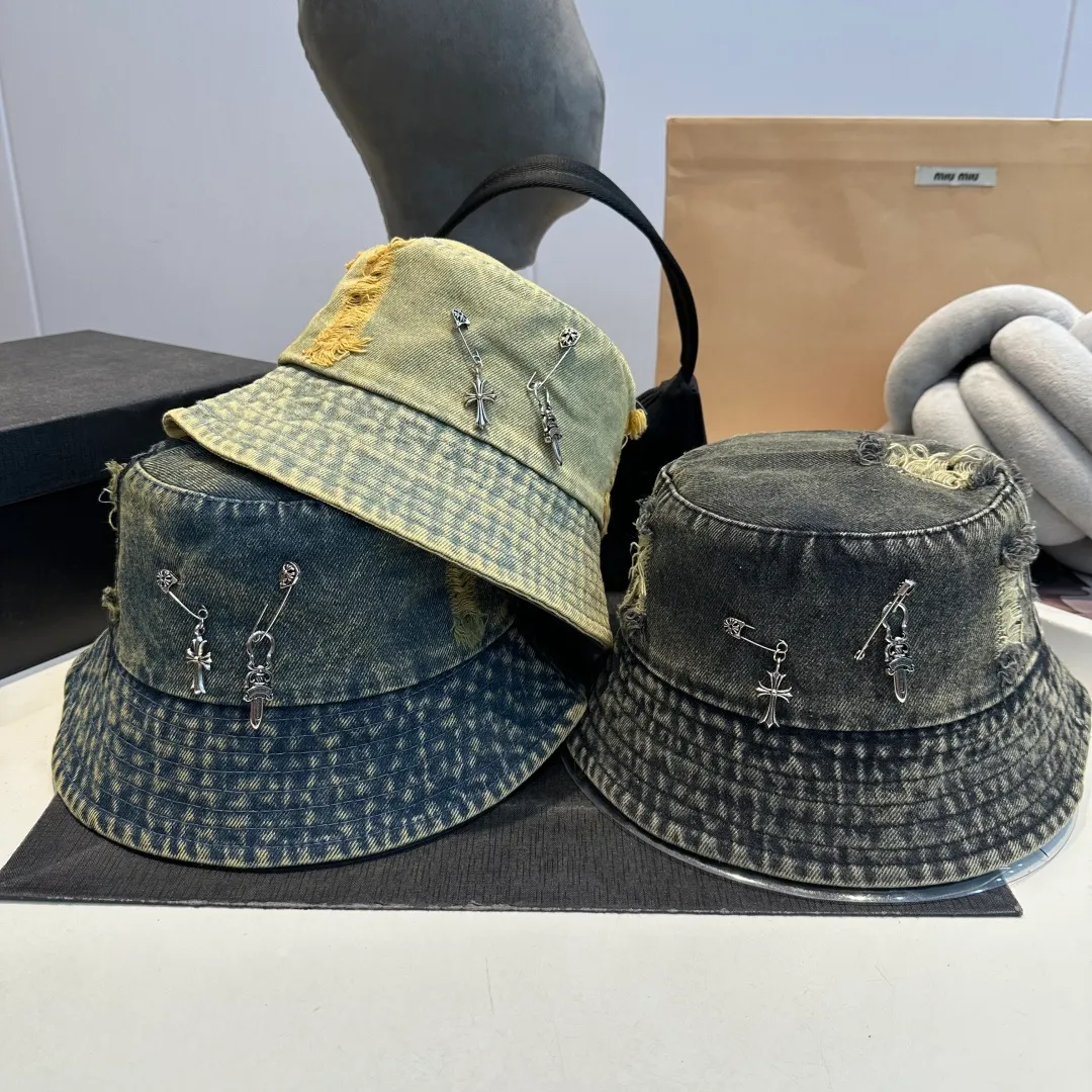 P60 Croxin spring and summer new denim fisherman hat, retro old street style, washed and torn edges, photo-taking item